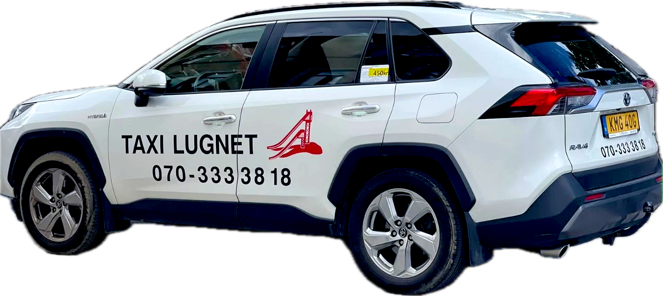 Taxi Lugnets bil sedd bakifrån från sidan